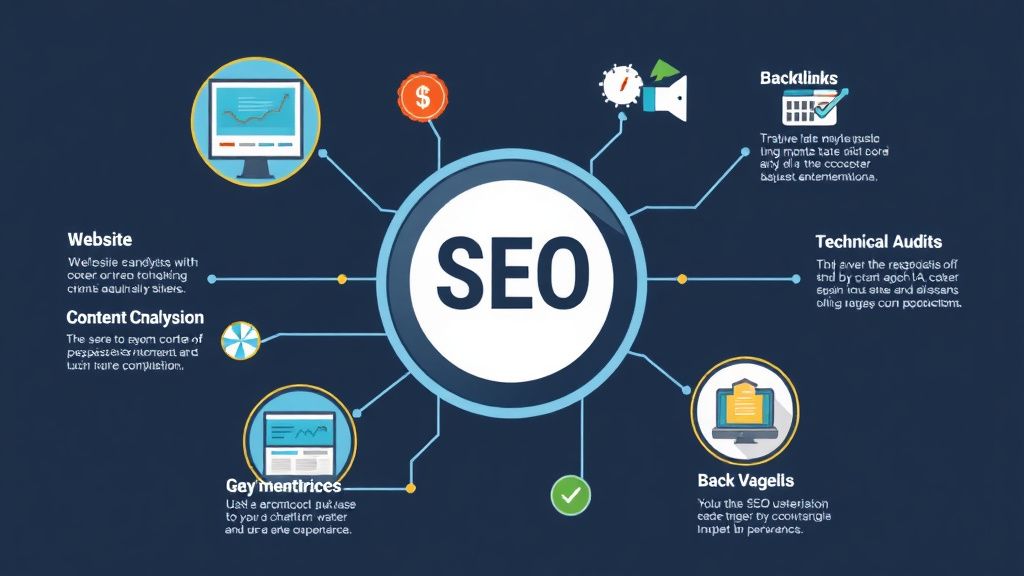 SEO consultant tools and strategies outlined in a clean graphic format.